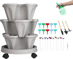 Vertical Planter 3 Tier Stackable Planters Garden Planters Strawberry Herb Flower and Vegetable Planter Indoor Outdoor Gardening Pots with Removable Wheels and Tools
