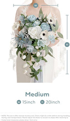 Artificial Flowers: Dusty Blue Cascade Bridal Bouquet, Silk with Pearls