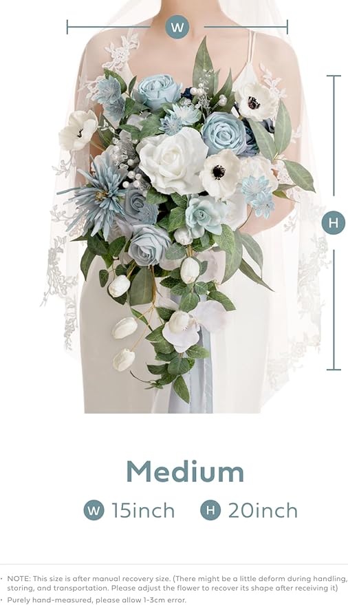Artificial Flowers: Dusty Blue Cascade Bridal Bouquet, Silk with Pearls