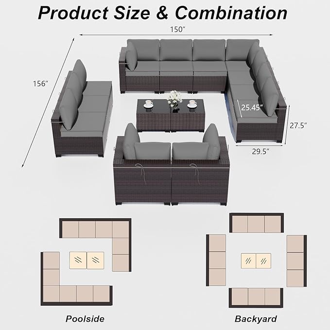 ALAULM Patio Furniture Set with Coffee Table, 14 Pieces Outdoor Sectional with Wide Seat and Thick Cushion, All Weather Wicker Rattan Conversation Set for Backyard, Garden, Deck, Grey