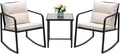 Devoko 3 Piece Rocking Bistro Set Wicker Patio Outdoor Furniture Porch Chairs Conversation Sets with Glass Coffee Table (Beige)
