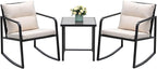 Devoko 3 Piece Rocking Bistro Set Wicker Patio Outdoor Furniture Porch Chairs Conversation Sets with Glass Coffee Table (Beige)