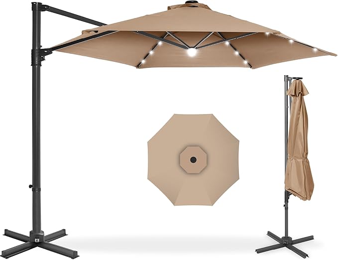 Best Choice Products 10ft Solar LED Offset Cantilever Hanging Market Patio Umbrella, Smooth 360° Rotation, 8 Sturdy Ribs, Easy Adjustment - Tan