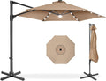 Best Choice Products 10ft Solar LED Offset Cantilever Hanging Market Patio Umbrella, Smooth 360° Rotation, 8 Sturdy Ribs, Easy Adjustment - Tan
