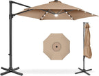 Best Choice Products 10ft Solar LED Offset Cantilever Hanging Market Patio Umbrella, Smooth 360° Rotation, 8 Sturdy Ribs, Easy Adjustment - Tan