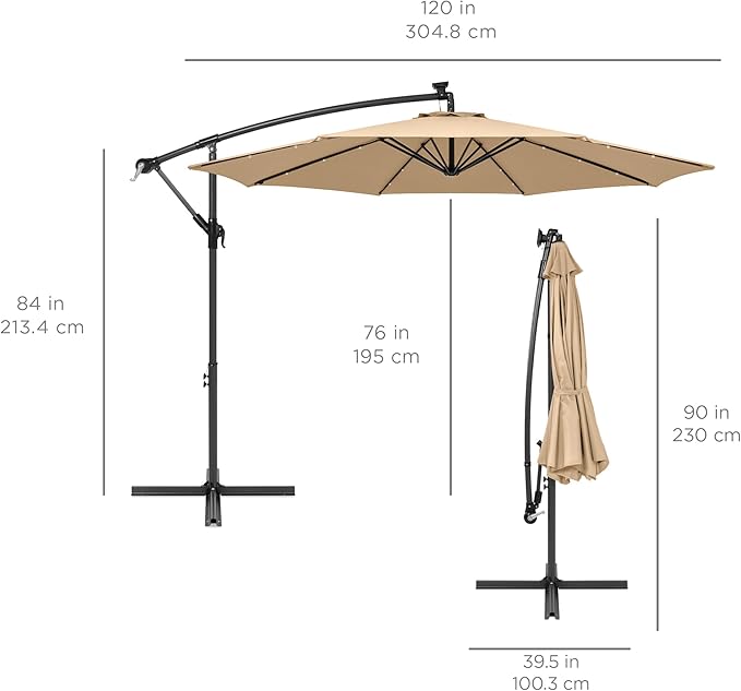 Best Choice Products 10ft Solar LED Offset Cantilever Hanging Market Patio Umbrella, 8 Sturdy Ribs, Easy Adjustment - Sand