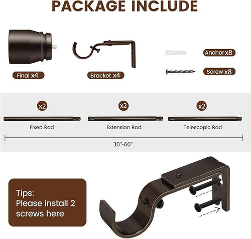 2 PACK 1” Diameter brown curtain rod Itself is 30 to 60 inch. 1 Pack Fits 30-54 inch Windows with Heavy Duty Adjustable brown curtain rods Splicing Metal Extra Long Curtain Rod