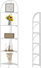 Crofy Foldable 5 Tier Corner Shelf, Metal Corner Plant Stand with White Frame and Transparent Shelves, Corner Display Rack Multipurpose Shelving Unit for Living Room, Bedroom, Bathroom