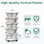 Strawberry Vertical Planters 5 Tiered, Stacking Tower Garden, Stackable Herb Vegetable Planters with Movable Casters and Bottom Saucer Indoor and Outdoor - White