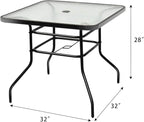 Tangkula 32" Square Outdoor Dining Table with Tempered Glass Top, Outside Bistro Table with 2" Umbrella Hole & Metal Frame, Patio Dining Table for Backyard, Lawn, Deck & Poolside