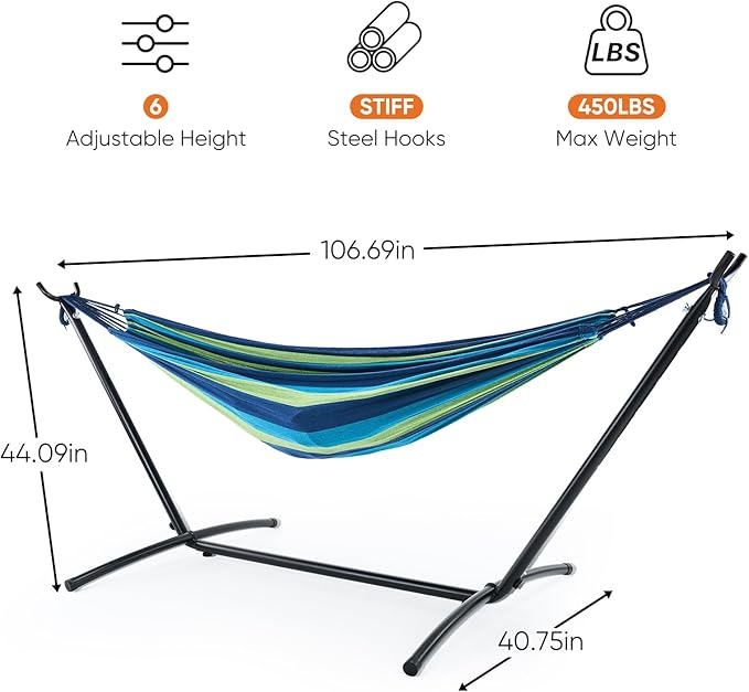Sweetcrispy Double Hammock with Space Saving Steel Stand Heavy Duty 2 Person Standing Hammocks 450lb Capacity for Outside Garden Yard with Portable Carrying Bag, Blue