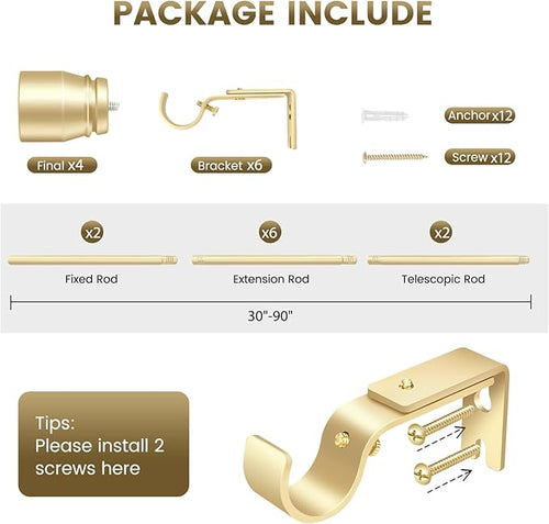 1” Diameter Gold Curtain Rod Itself is 30-90 Inch 2 Pack, Fit 30 to 84 Inch Windows with Heavy Duty Adjustable Telescopic Rod，Splicing Metal Extra Long Curtain Rod for Windows