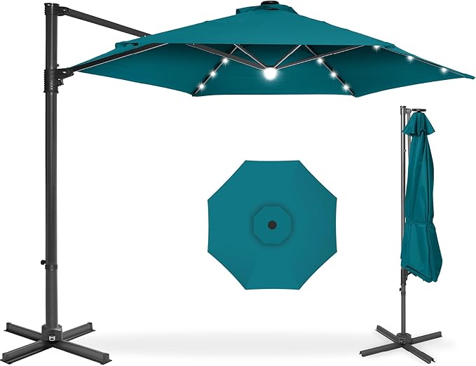 Best Choice Products 10ft Solar LED Offset Cantilever Hanging Market Patio Umbrella, Smooth 360° Rotation, 8 Sturdy Ribs, Easy Adjustment - Cerulean