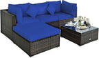Tangkula 5 Pieces Patio Rattan Furniture Set, Outdoor Sectional Rattan Sofa Set with Back & Seat Cushions, Wicker Conversation Set with Tempered Glass Table for Backyard Porch Garden Poolside (Navy)