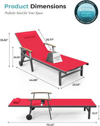 Ciokea Outdoor Lounge Chair with Pillow, 5-Position Aluminum Chaise Lounge with Wheels & Armrests, 400 lbs Heavy Duty Patio Pool Chair for Deck, Backyard, Beach & Poolside, Red