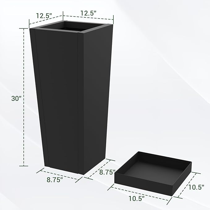 Tall Planters 30" H - 2 Pack, Tapered Pots with Drainage Insert Shelve & Trays, Metal Outdoor Planter Box for Porch, Garden, Patio, Yard (Black)