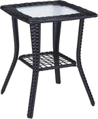VINGLI Outdoor Side Table with Storage Wicker Patio Side Table, Tempered Glass Top End Table for Balcony Porch Deck (Black)
