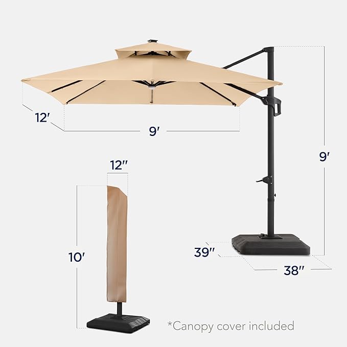Best Choice Products 9x12ft LED Cantilever Patio Umbrella w/Base Included & 360° Rotation, Large Solar Offset Hanging Outdoor Sun Shade for Deck, Backyard Table w/Stand & Lights – Sand
