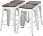 FDW Metal Bar Stools Counter Height Barstool Stackable Barstools Indoor Outdoor Patio Bar Stool Home Kitchen Dining Stool Backless Bar Chair (White with Wood, 24")