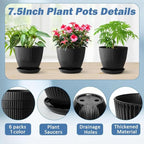 7.5 Inch Black Thickened Plastic Plant Pots with Saucers, 6-Pack Modern Seedling Planters for Indoor Outdoor Plants, Durable Heavy-Duty PP Material for Herbs Flowers Vegetables (＜8 inch)