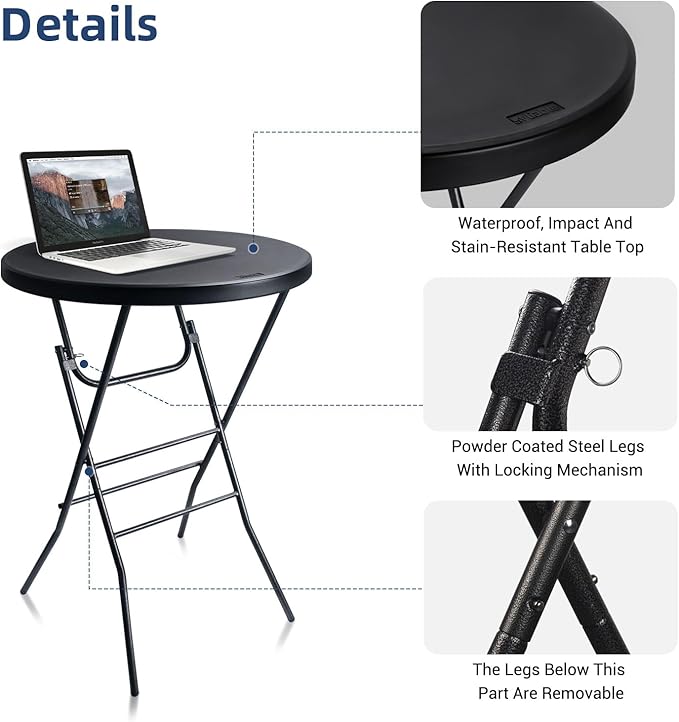 Cocktail Table 28in Folding Round High Top Indoor – Black- 2PCS