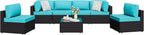 Shintenchi 7 Pieces Outdoor Patio Sectional Sofa Couch,PE Wicker Furniture Conversation Sets with Washable Cushions & Glass Coffee Table for Garden, Poolside, Backyard (Blue)