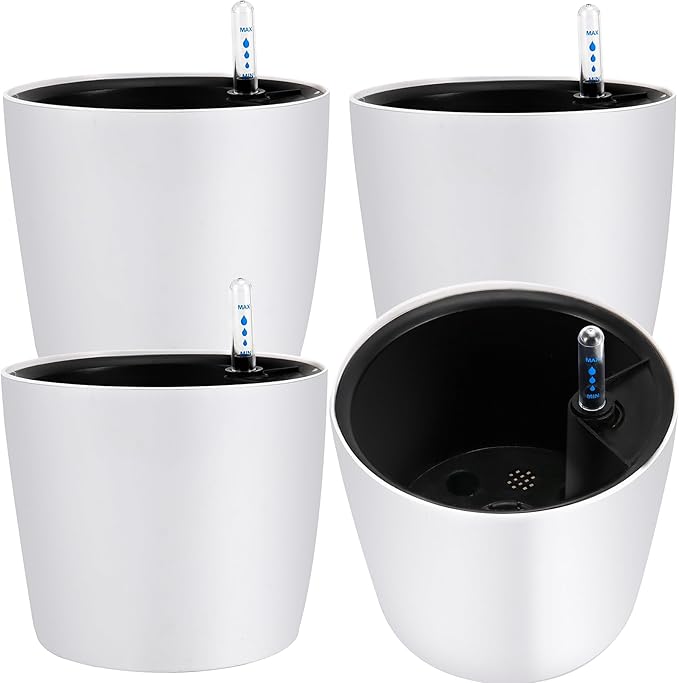 JOIKIT 4 Pack 7 Inches Self Watering Planter, White Plant Flower Pots with Water Level Indicator, Self Watering Pots for Indoor & Outdoor Succulents Plants Herb Garden