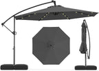 Tangkula 10ft Solar LED Patio Umbrella with Base, Offset Cantilever Outdoor Umbrella with 32 LED Lights, Infinite Tilt, 360 Degree Rotation, Crank Handle for Pool Deck Garden Backyard (Gray)