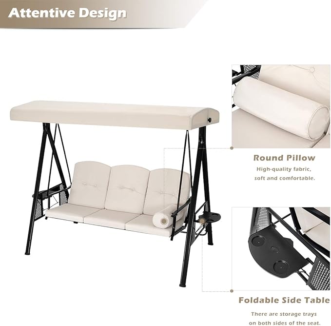 U-MAX 3-Seat Outdoor Patio Swing Chair, Swing Glider with Canopy Porch Swing, Weather Resistant Steel Frame Cup Holders Cushions, Adjustable Tilt Canopy, Beige