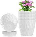 6 inch Flower Pots, 5 Pack Plant Pots for Indoor Outdoor Plants, Water Ripples Plastic Planters with Drainage Holes and Saucers, Nursery Pots for Small Succulent Garden House Plants, White