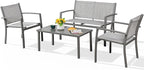 Shintenchi 4 Pieces Patio Furniture Set All Weather Textile Fabric Outdoor Conversation Set, with Glass Coffee Table, Loveseat, 2 Single Chairs for Home, Garden, Lawn, Porch（Silver）