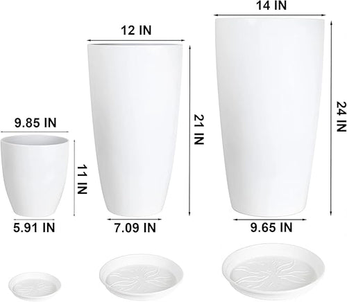 24,21,11 Inch Large Plastic Planters with Drainage Hole and Saucer - Set of 3 Tall Plant Pots Indoor Flower Pot Tall Round Planters Outdoor Large Tall Planter
