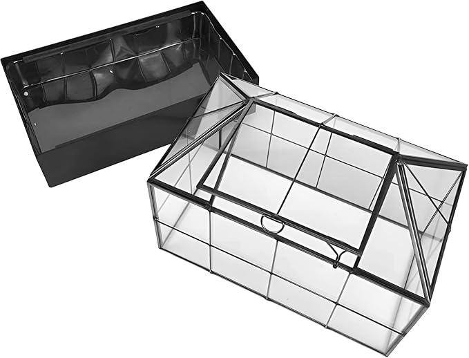 Terrarium House Shape Glass Greenhouse with Black Brass Frame and Tray