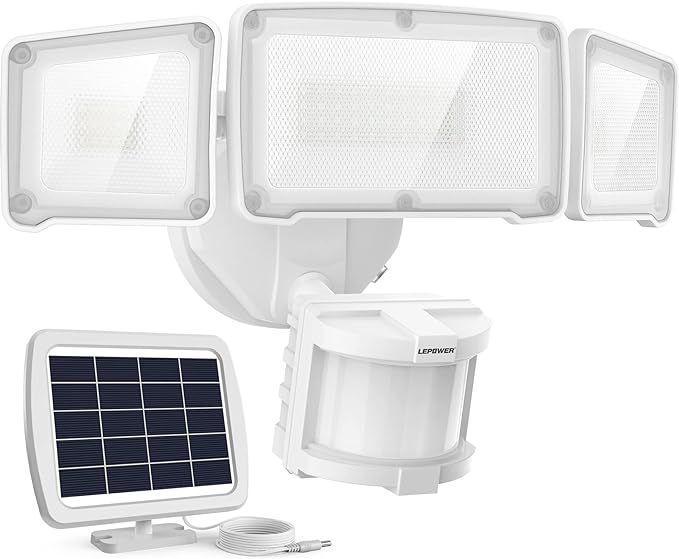 LEPOWER 1600LM LED Solar Security Lights Motion Outdoor, Motion Sensor Light, 5500K White Light, IP65 Waterproof Outdoor Flood Solar Light with 3 Adjustable Head for Yard, Garage（White）