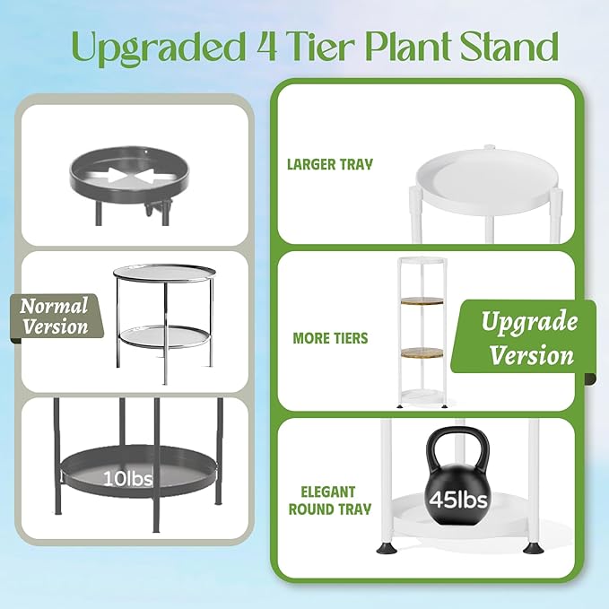 iDavosic.ly 4 Tier Corner Plant Stand Indoor, 45 Inch Tall Vertical Metal Flower Heavy Duty Pot Holder Shelf Outdoor for Patio Porch Living Room, White & Rustic Brown - Round