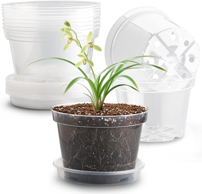 12 Pack 8 Inch Clear Plant Pots with Saucers, Transparent Plastic Nursery Pots with Drainage Hole, Sturdy Garden Planter Pots, Planting Starter Pots for Indoor Outdoor