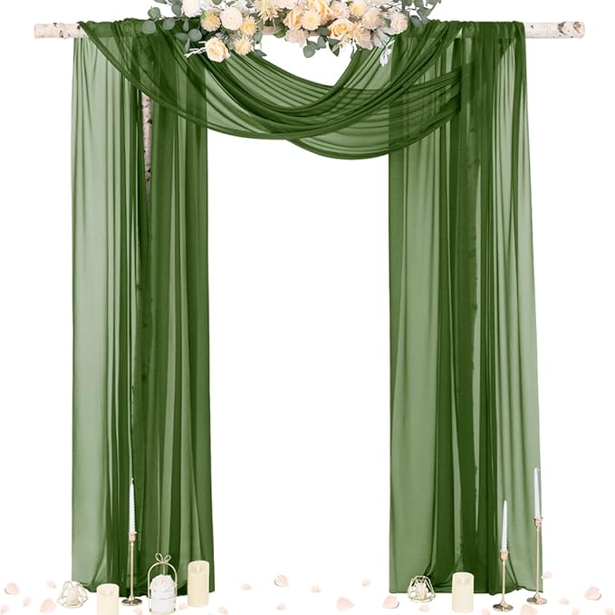 Olive Green Sheer Chiffon Arch Drape Curtains, 29 x 236 Inch Panel