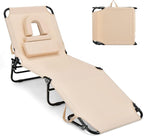 GYMAX Tanning Chair, 350lbs Beach Lounge Chair with Face Hole, Detachable Washable Pillow & Carry Strap, Adjustable Folding Chaise Lounge, Layout Chair for Outside, Patio, Poolside, Lawn (1, Beige)
