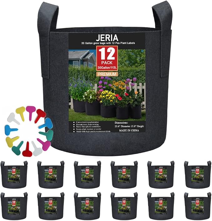 JERIA 12-Pack 30 Gallon Grow Bags, 300G Thickened Nonwoven Garden Pots,Heavy Duty Fabric Pots with Reinforced Handles
