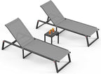 Aluminum Pool Lounge Chairs Set of 2 with 1 Side Table, Foldable Outdoor Chaise Lounge 5-Position Lounge Chirs for Outside Poolside, Fully Grounded Legs Sun Lounger for Beach, Yard, Dark Grey