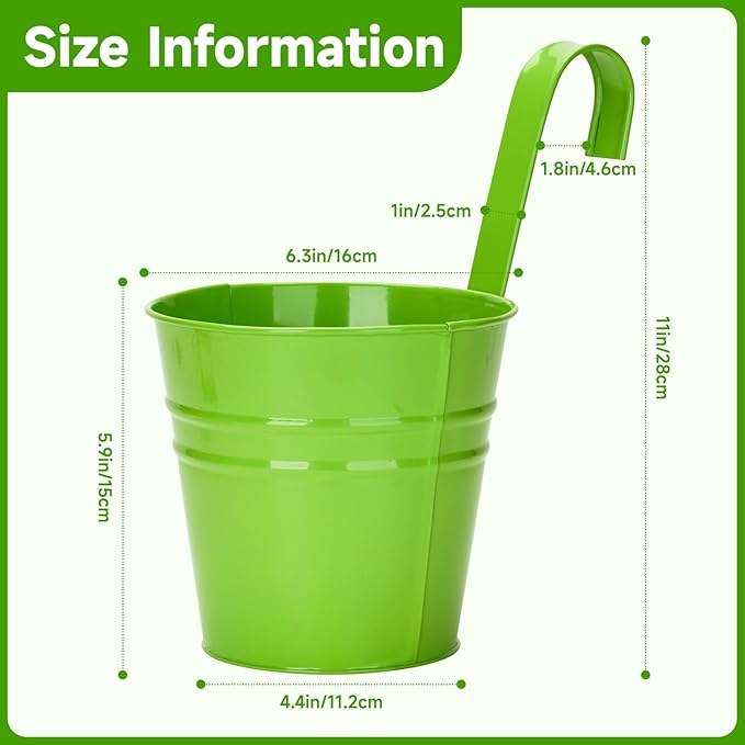 KINGLAKE Flower Pots,10 Pcs Metal Iron Hanging Flower Plant Pot Balcony Garden Plant Planter Baskets Fence Bucket Pots 6.3'' Flower Holders with Detachable Hook