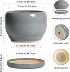 SQOWL Ceramic Pot for Plants - 8 Inch Plant Pot Indoor with Drainage Hole and Saucer, Round Planter Outdoor, Decorative Modern Planter for Flower, Bedroom Decor, Plant Lovers Gifts, Gray