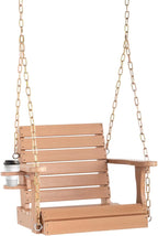 VINGLI Heavy Duty 880 LBS HDPE Porch Swing Outdoor with Rotatable Cup Holder, with Adjustable Chains, 1 Person Hanging Porch Swing Chair for Porch, Yard, Tree, Garden - Teak