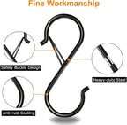 8 Pack S Hooks for Hanging, 3.5 inch Heavy Duty Metal S Hooks with Safety Buckle S Shaped Hooks Pot Rack Closet Hooks for Hanging Plants, Clothes, Kitchen Utensil, Pots, Pans, Bags (Black)