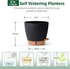 T4U 6 Inch Self Watering Pots for Indoor Plants - Mess-Free Bottom Watering Planter for Herbs/Pothos/Succulent Plants, Indoor Outdoor Use (Black, 4 Pack)