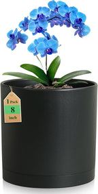 8 Inch Medium Plant Pots for Indoor Outdoor Plants, Cylinder Deep Flower Pots with Drainage Holes & Saucer, Decorative Plastic Planter Pots for Garden House Plants, Black