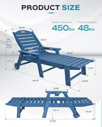 Ciokea Lounge Chair Outdoor, Oversized Chaise Lounge Chair with 5 Positions, HDPE, Patio Lounge Chair with Wheels & Cup Holder for Pool, Deck, Poolside, Azure Blue
