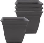 The HC Companies 8 Inch Eclipse Square Planter Pots with Drainage Holes & Attached Saucer, Lightweight UV-Resistant Plastic Indoor Outdoor Planters, 4-Pack Flower Pots for Garden Home Decor, Warm Gray