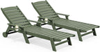SERWALL Patio Chaise Lounge Chair Set of 2, 78'' Long 5-Positions Adjustable HDPE Outdoor Lounger for Pool, Poly Lounge Chair with Rolling Wheels & Cup Holder for Poolside, Deck, Avocado Green