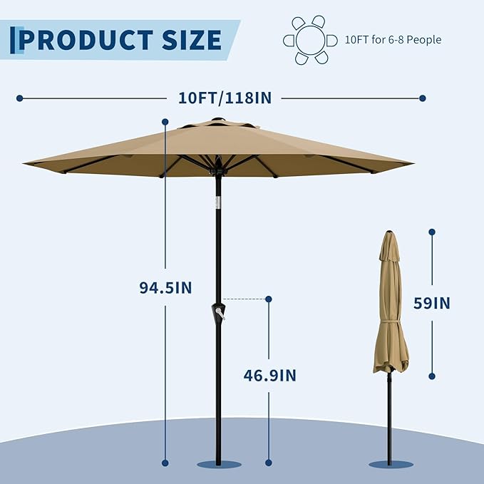 Garvee 10FT Patio Umbrella - Outdoor Table Umbrella with Smooth Crank Lift, Push Button Tilt and 8 Sturdy Ribs - Market Umbrella UV Protection Waterproof for Pool, Deck, Yard, Garden (Tan)